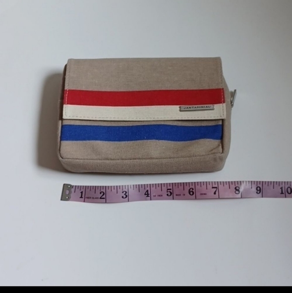 KLM Airline Jantaminiau Travel Bag Kit Tan Red Blue Striped Designer Clutch - Picture 5 of 6